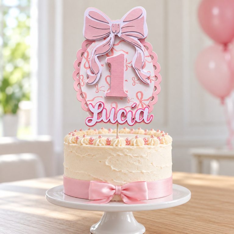 Cake topper de lazo personalizado con nombre y edad en su fotografía de ejemplo