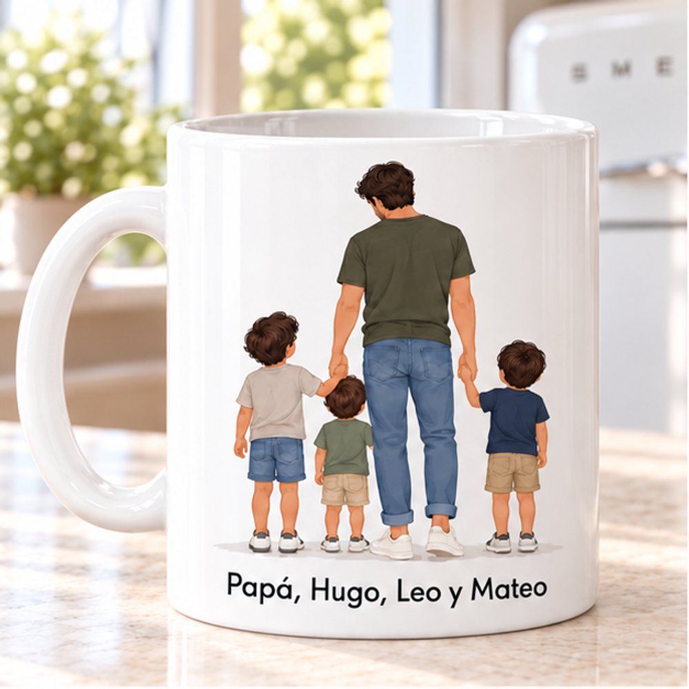 Taza personalizada para papá con 3 niños, ilustración familiar de espaldas y nombres