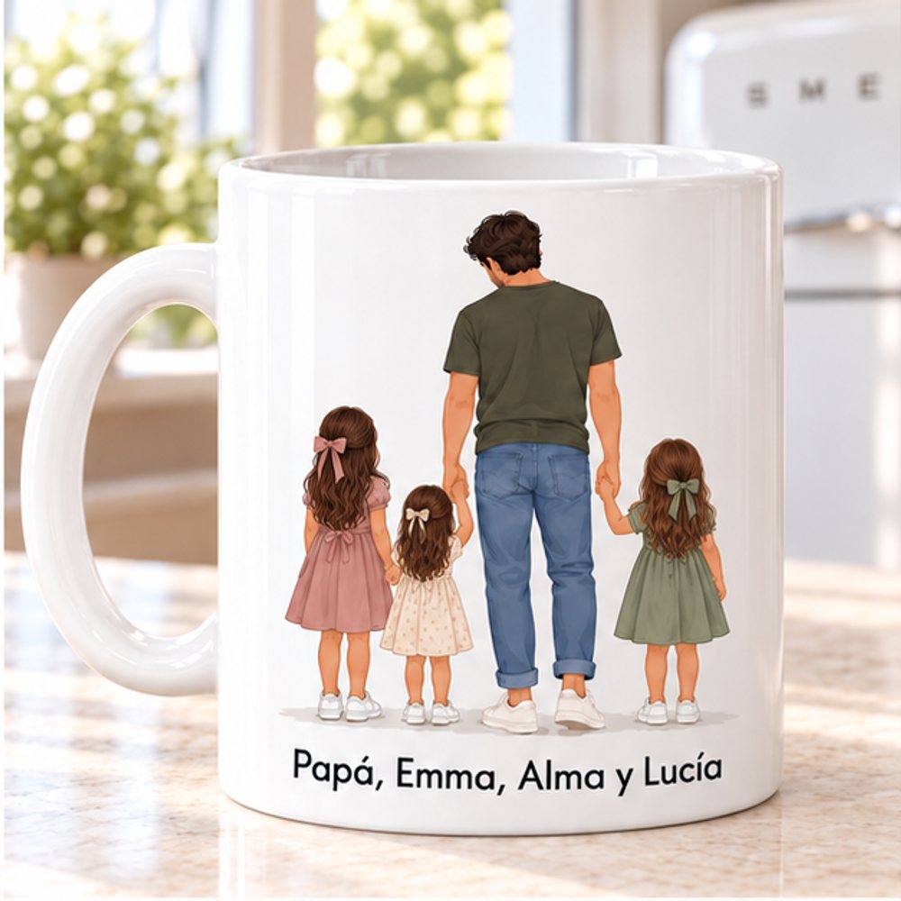 Taza personalizada para papá con 3 niñas, ilustración familiar de espaldas y nombres
