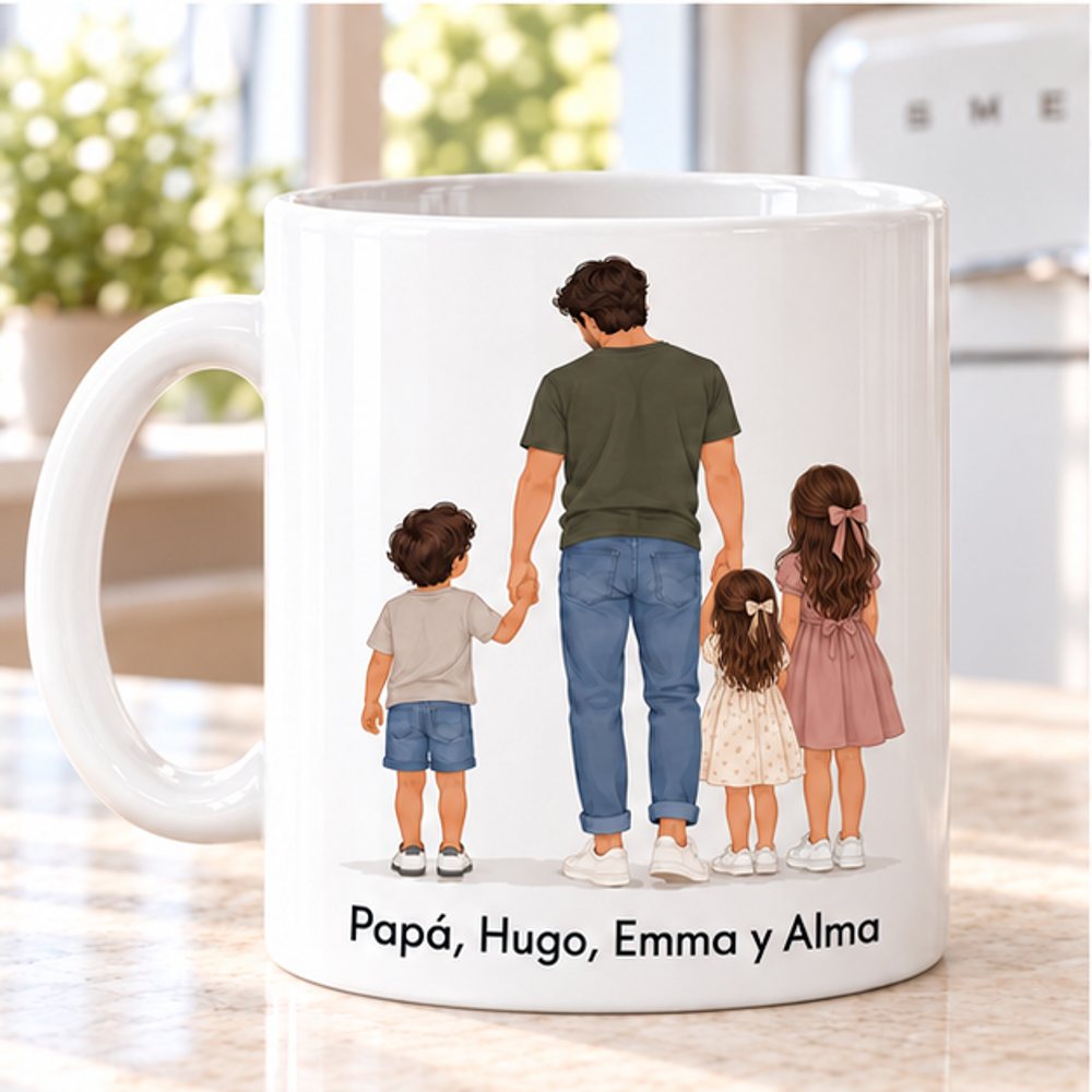 Taza personalizada para papá con 1 niño y 2 niñas, ilustración familiar de espaldas y nombres