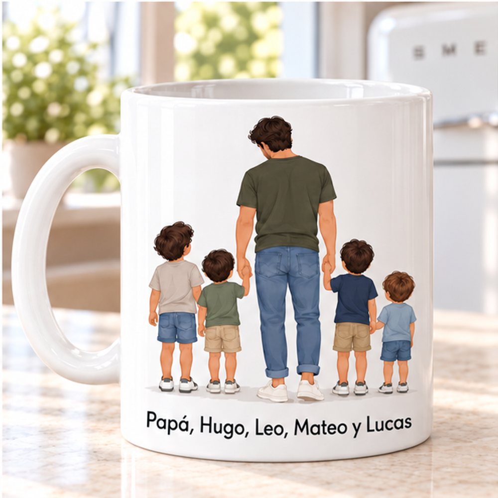 Taza personalizada para papá con 4 niños, ilustración familiar de espaldas y nombres
