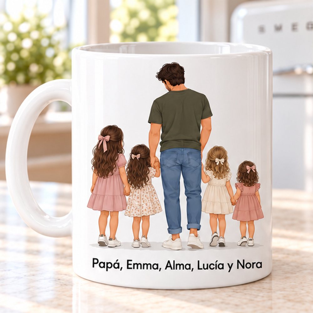 Taza personalizada para papá con 4 niñas, ilustración familiar de espaldas y nombres