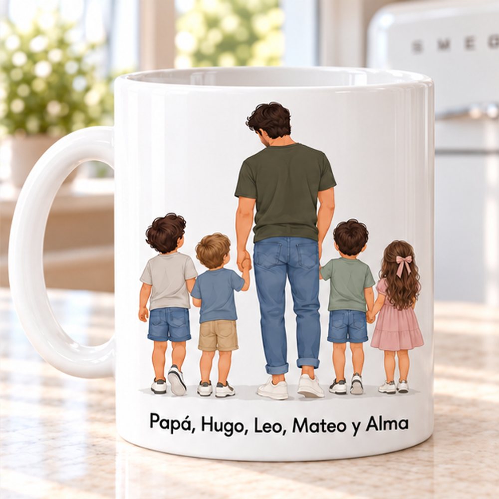 Taza personalizada para papá con 3 niños y 1 niña, ilustración familiar de espaldas y nombres