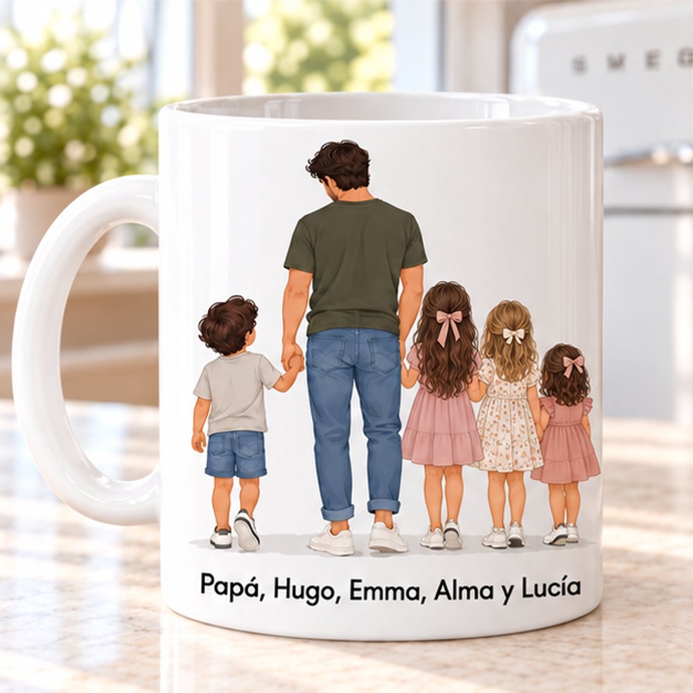 Taza personalizada para papá con 1 niño y 3 niñas, ilustración familiar de espaldas y nombres