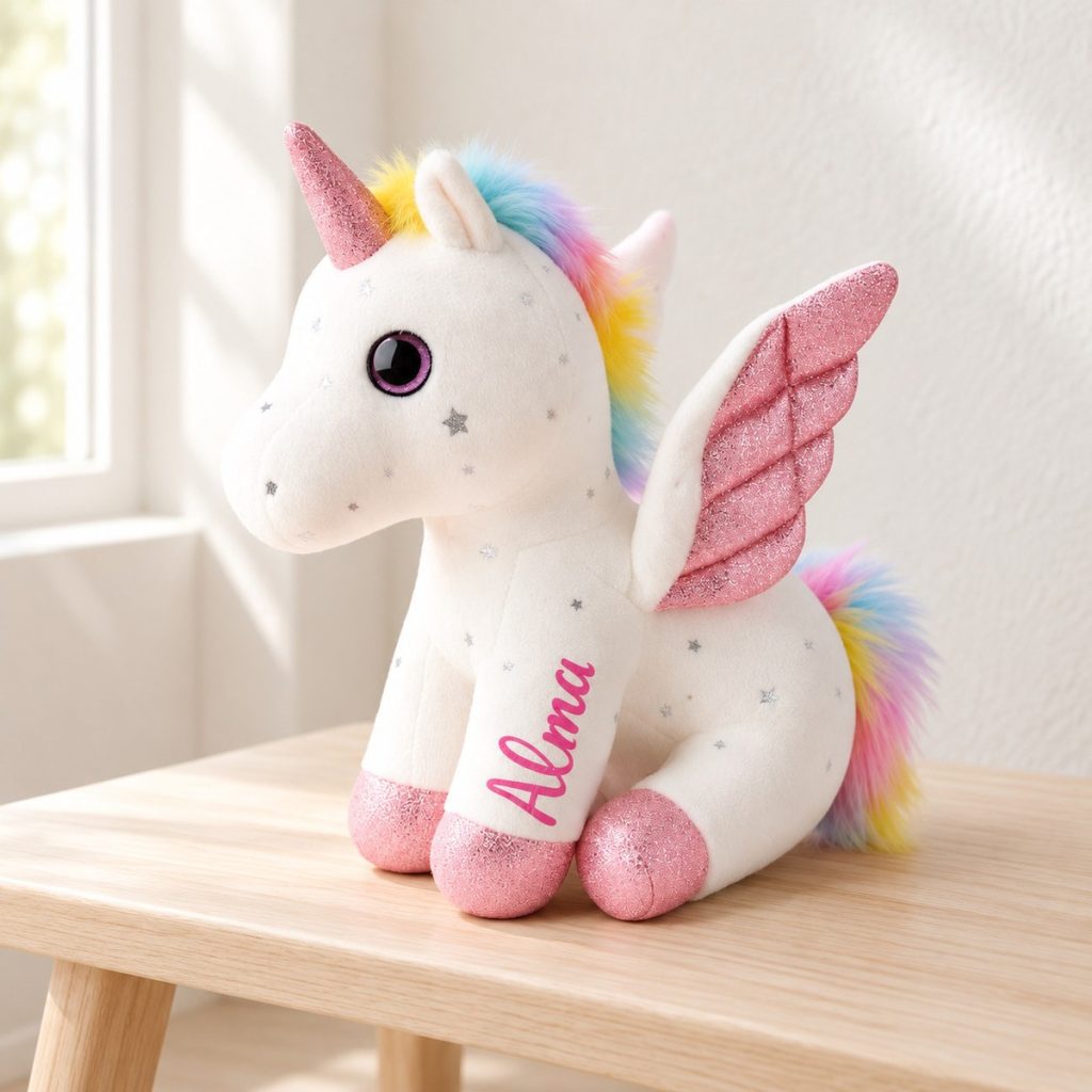 Peluche unicornio personalizado con nombre en su fotografía de ejemplo