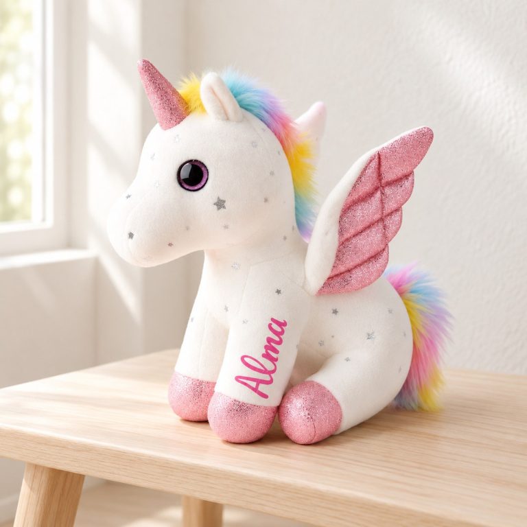 Peluche unicornio personalizado con nombre en su fotografía de ejemplo