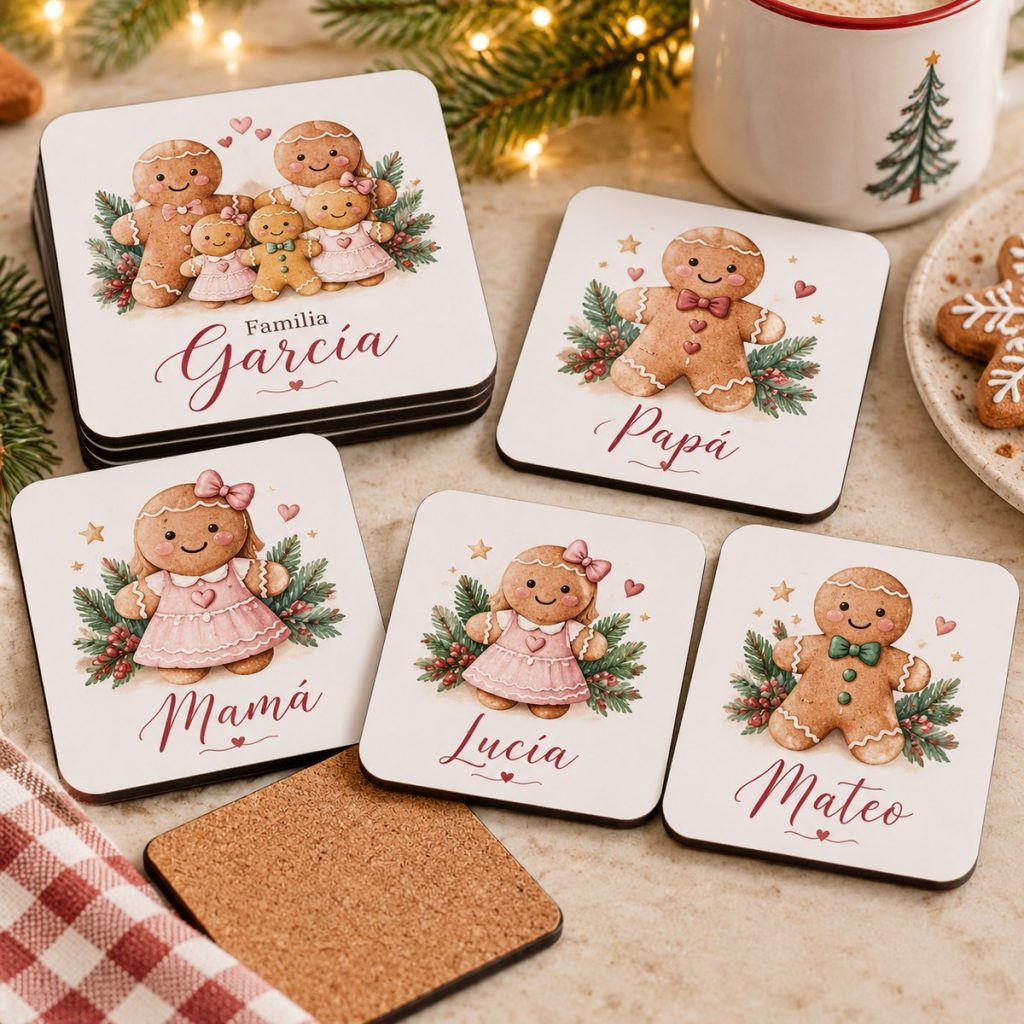 Pack de posavasos de madera blanca con corcho, familia de galletas de jengibre, apellido García y posavasos individuales Mamá, Papá, Lucía y Mateo