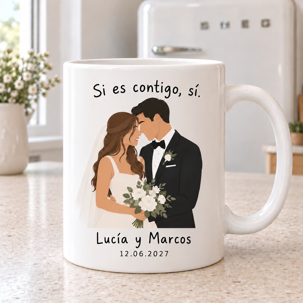 Taza de novios Si es contigo sí en su fotografía de ejemplo