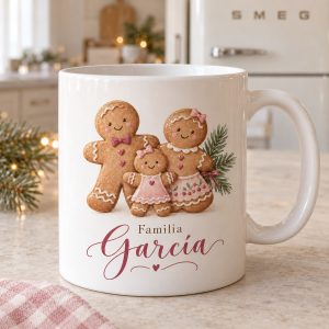 Taza navideña familia de galletas personalizada en su fotografía de ejemplo