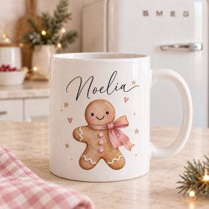 Taza navideña galleta de jengibre con nombre en su fotografía de ejemplo