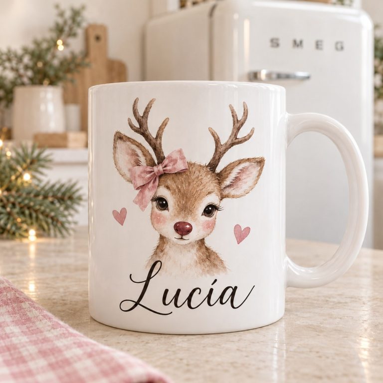Taza navideña reno personalizada con nombre en su fotografía de ejemplo