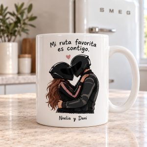 Taza pareja motera Mi ruta favorita es contigo en su fotografía de ejemplo