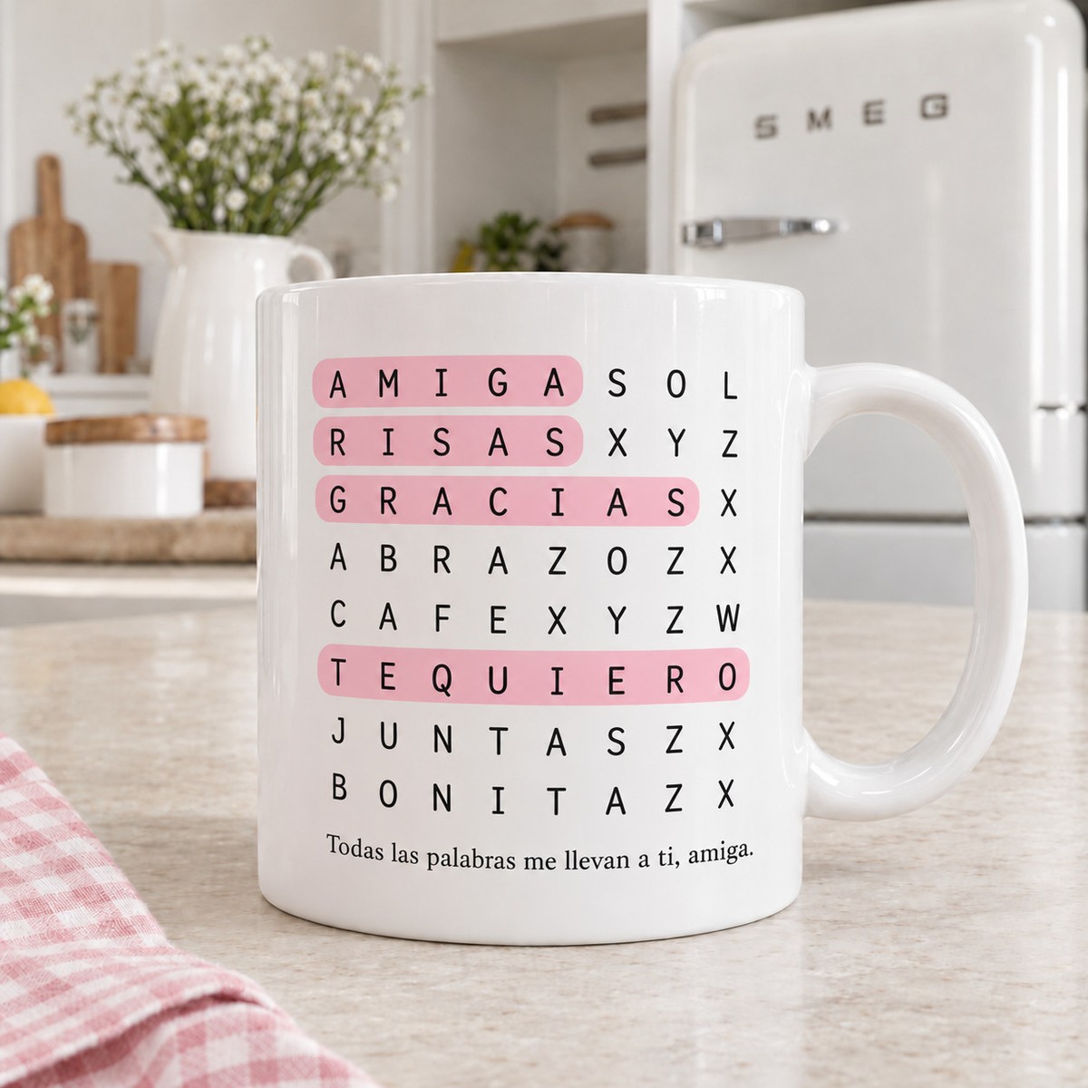 Taza sopa de letras para amiga en su fotografía de ejemplo