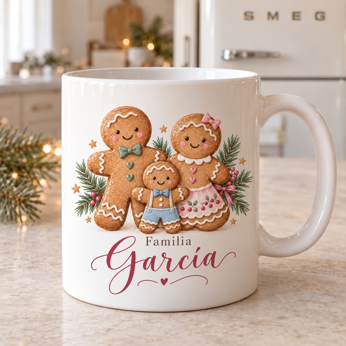 Taza navideña familia de galletas personalizada, variante 1 niño