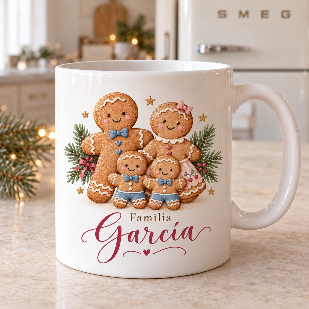 Taza navideña familia de galletas personalizada, variante 2 niños
