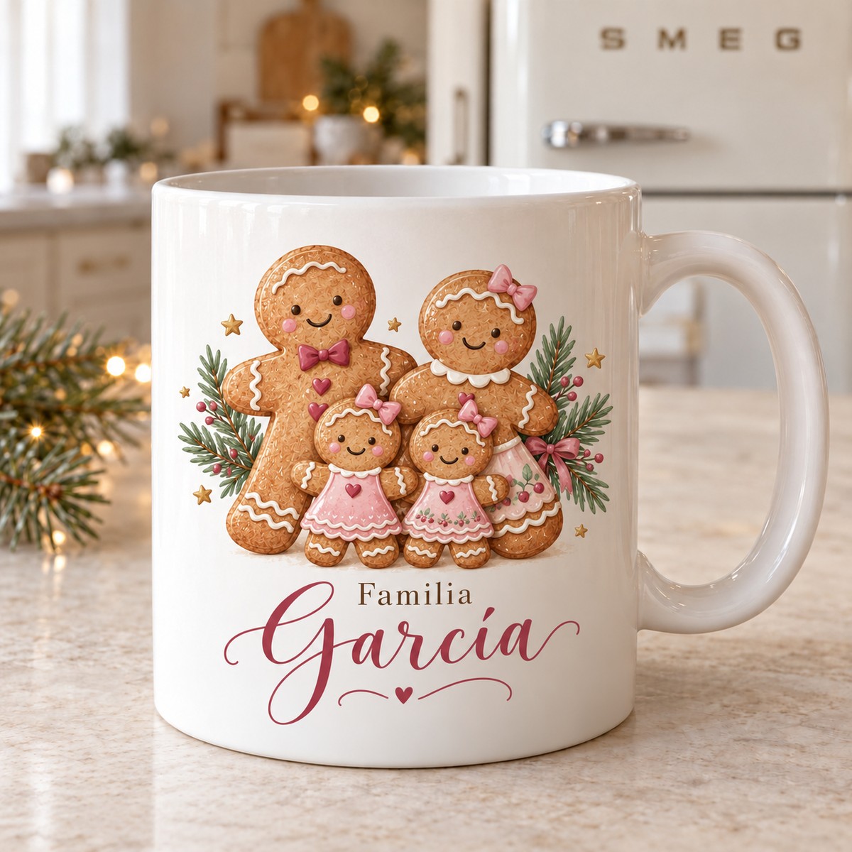 Taza navideña familia de galletas personalizada, variante 2 niñas