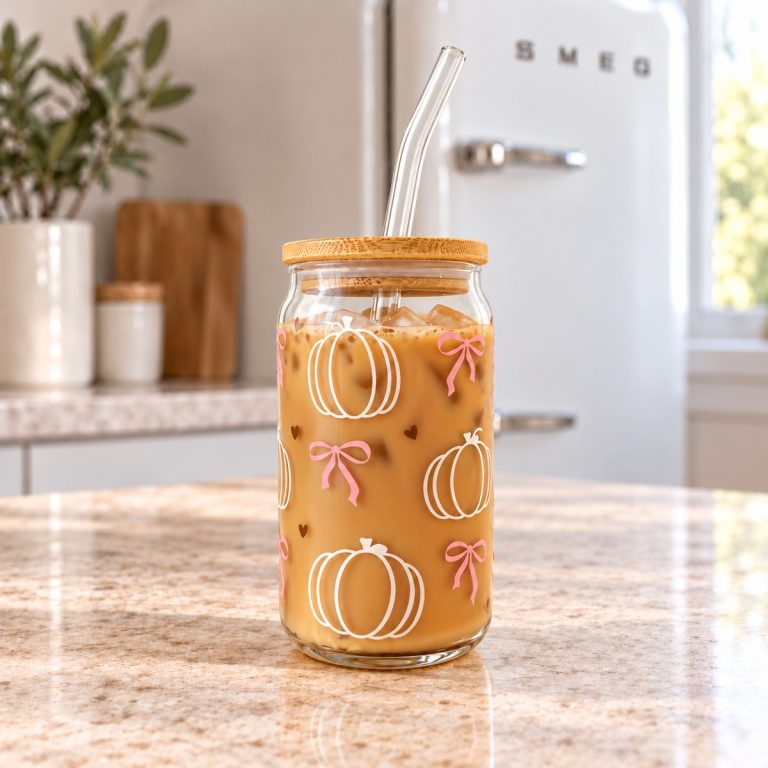 Vaso de calabazas y lazos con tapa y cañita en su fotografía de ejemplo